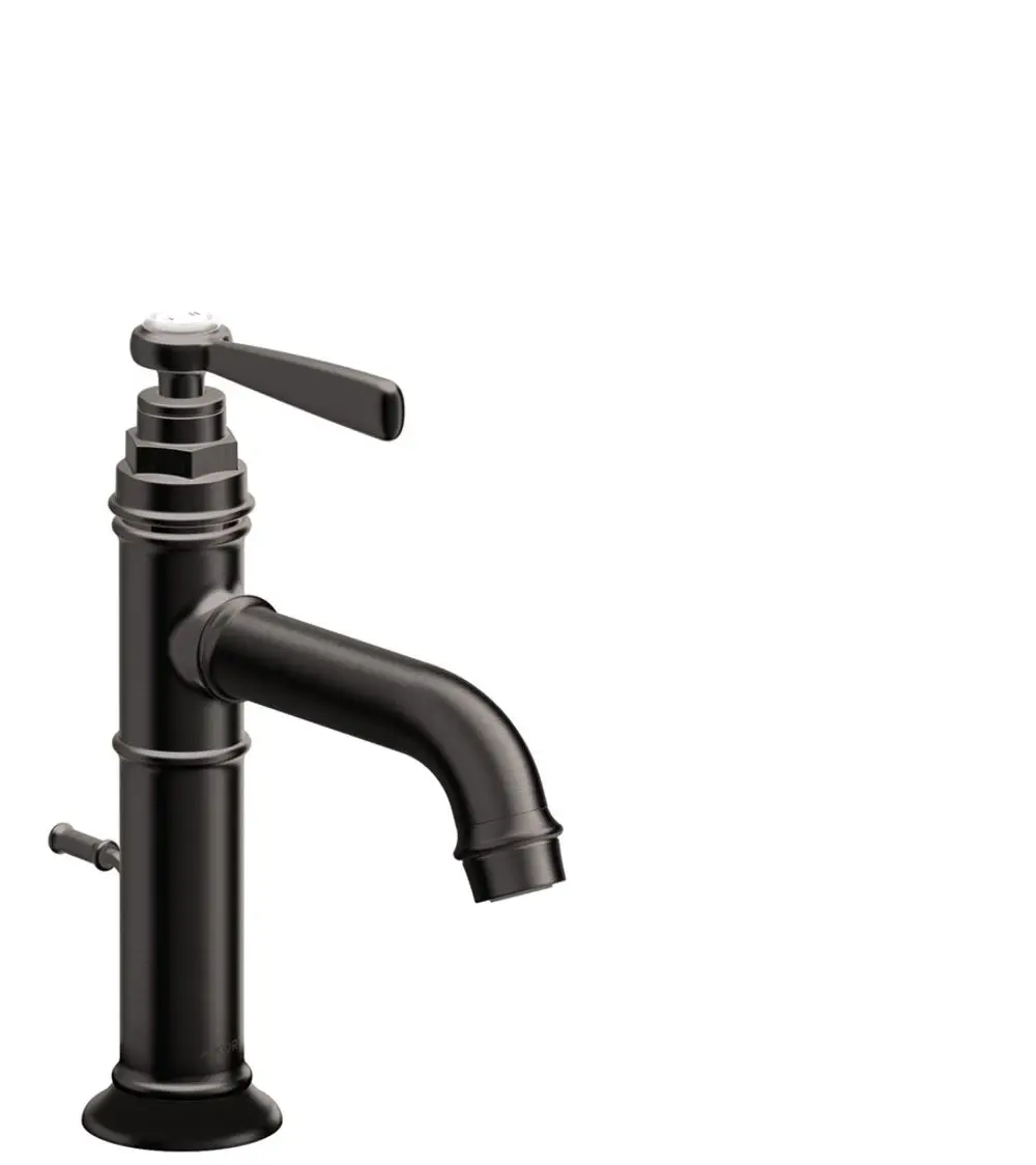 Einhebel-Waschtischmischer in Brushed Black Chrome mit Hebelgriff und Zugstangen-Ablaufgarnitur von AXOR. Das Design ist funktional und klar strukturiert.
